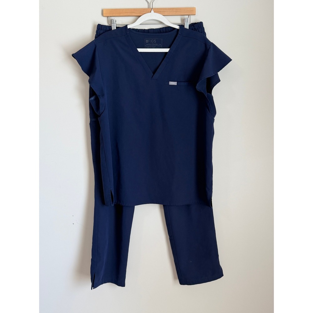 FIGS Flutter Sleeve Top & Pants Scrub Set Women XL Navy Technical Collection